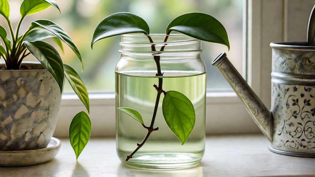 "Hoya cutting in a glass jar with water for propagation, set on a windowsill with indirect light."