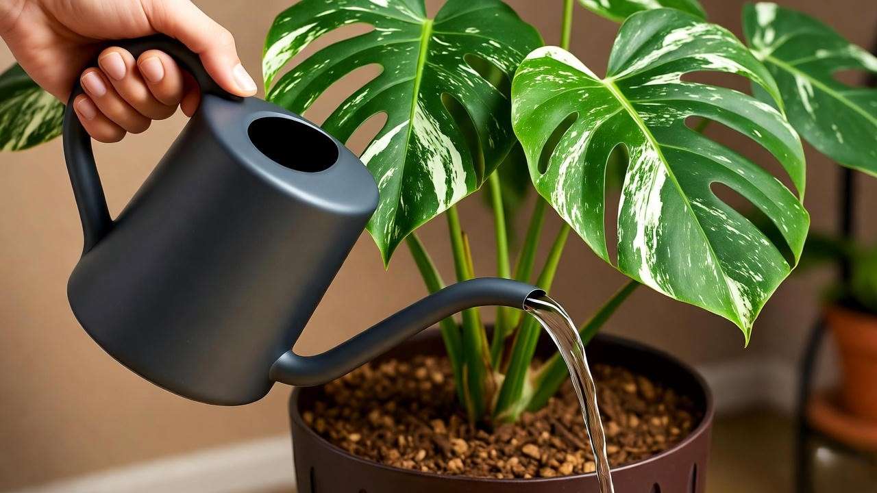 Hand watering a variegated monstera plant with well-draining soil in a cozy indoor setting".