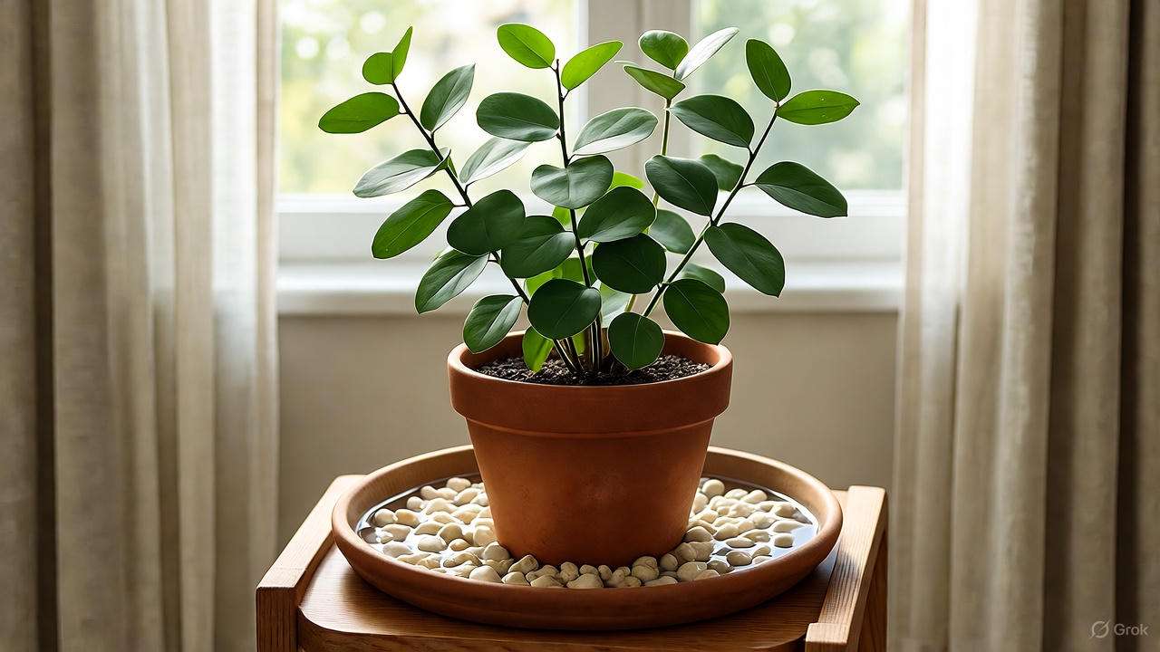 Eucalyptus plant with proper watering setup using a pebble tray in a cozy indoor environment."