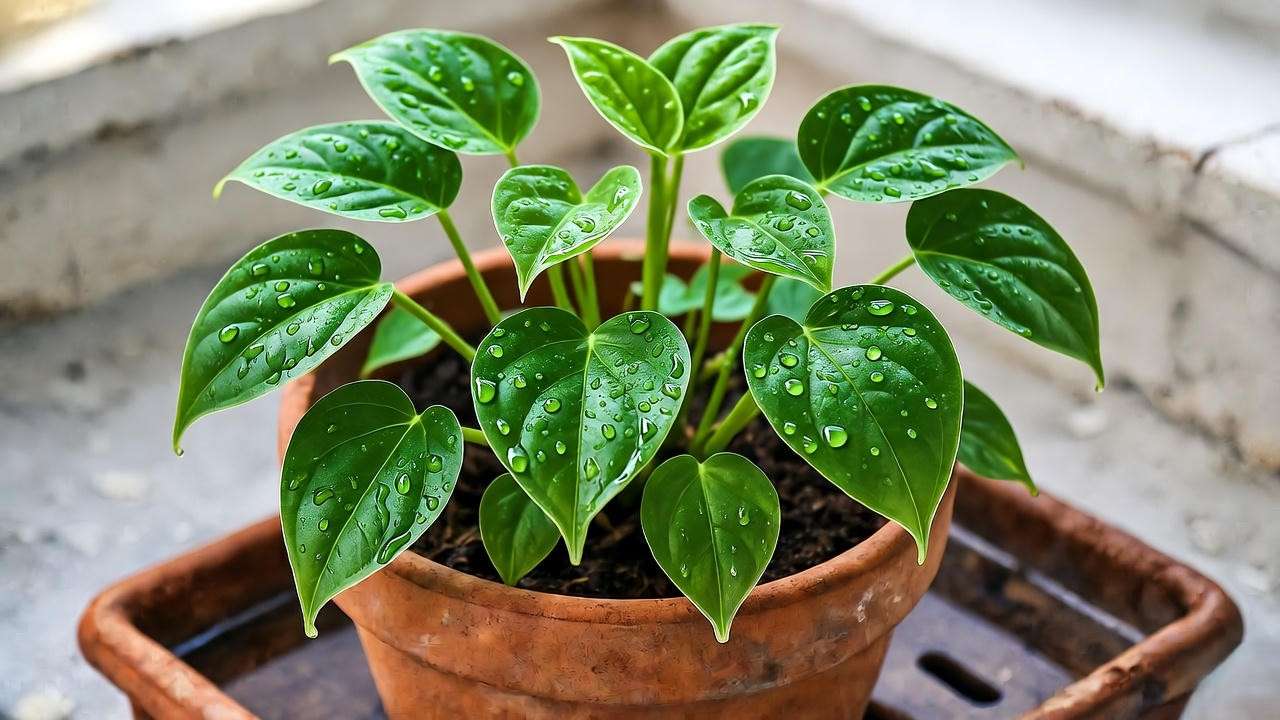 "Cordatum plant in a terracotta pot with water droplets on leaves for proper watering care."