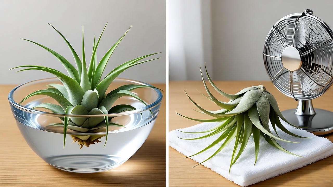 Step-by-step care of a Cyanea air plant soaking and drying with a fan for air circulation."