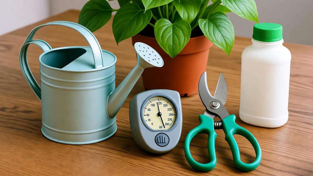 Gardening tools for swallowtail plant care, including watering can and pruning shears, with the plant in the background.