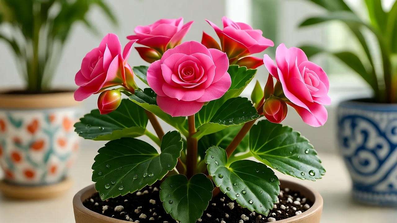 Close-up of a begonia pink plant with pink blooms and water droplets, showcasing proper watering in a well-draining pot."