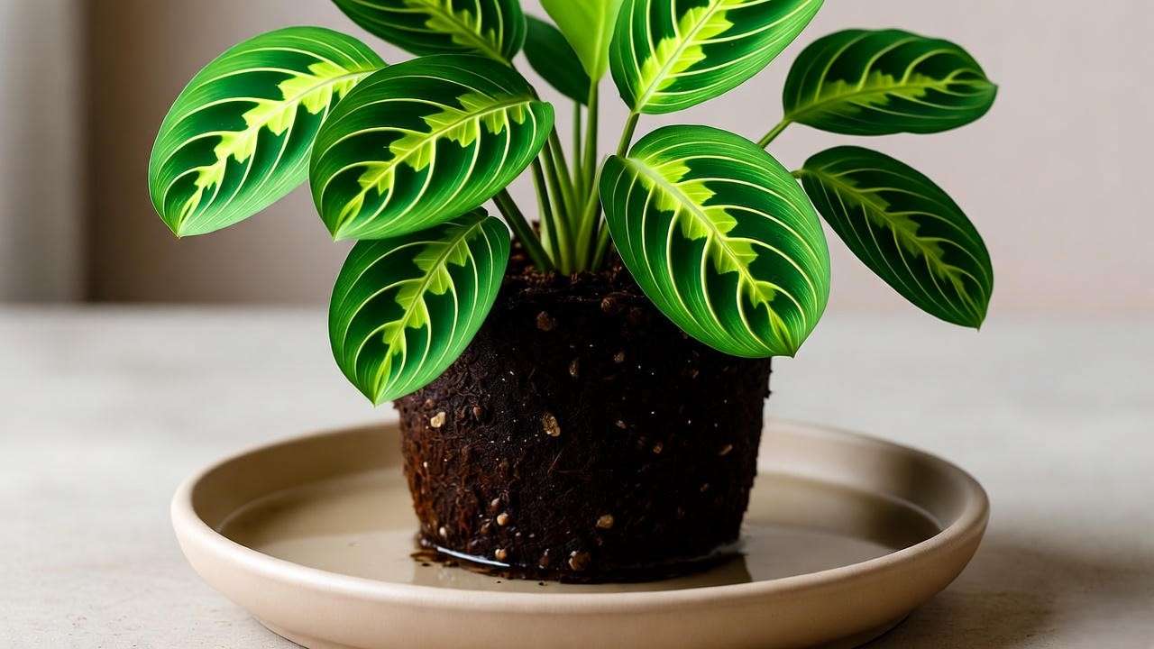 Bottom-watering a Lemon Lime Prayer Plant with a saucer and moist soil."