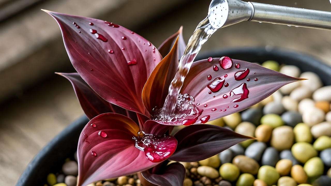 Watering a Dragon’s Tongue plant with a small can in a humid indoor tropical setup."