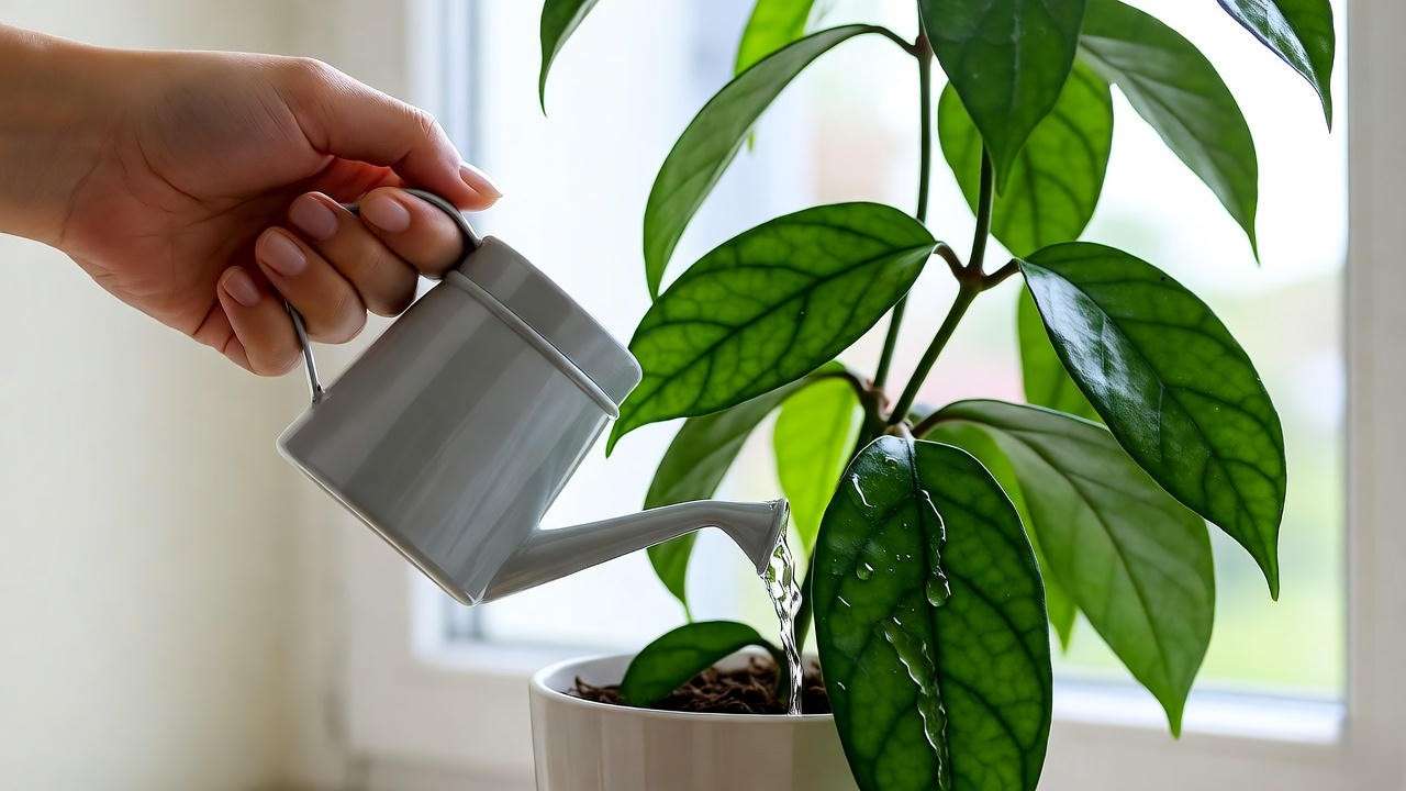 "Watering Hoya Chelsea plant with dry topsoil in a bright indoor environment."