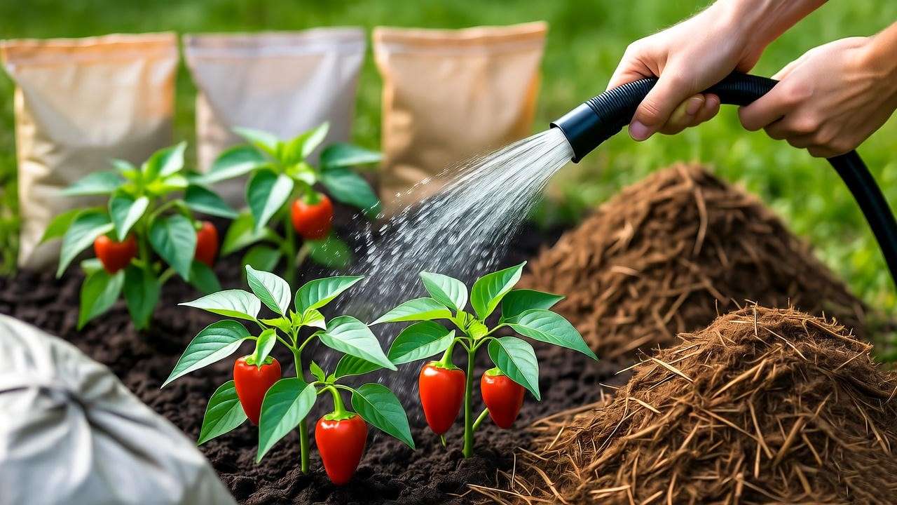 Gardener watering cherry hot pepper plants with fertilizer nearby."