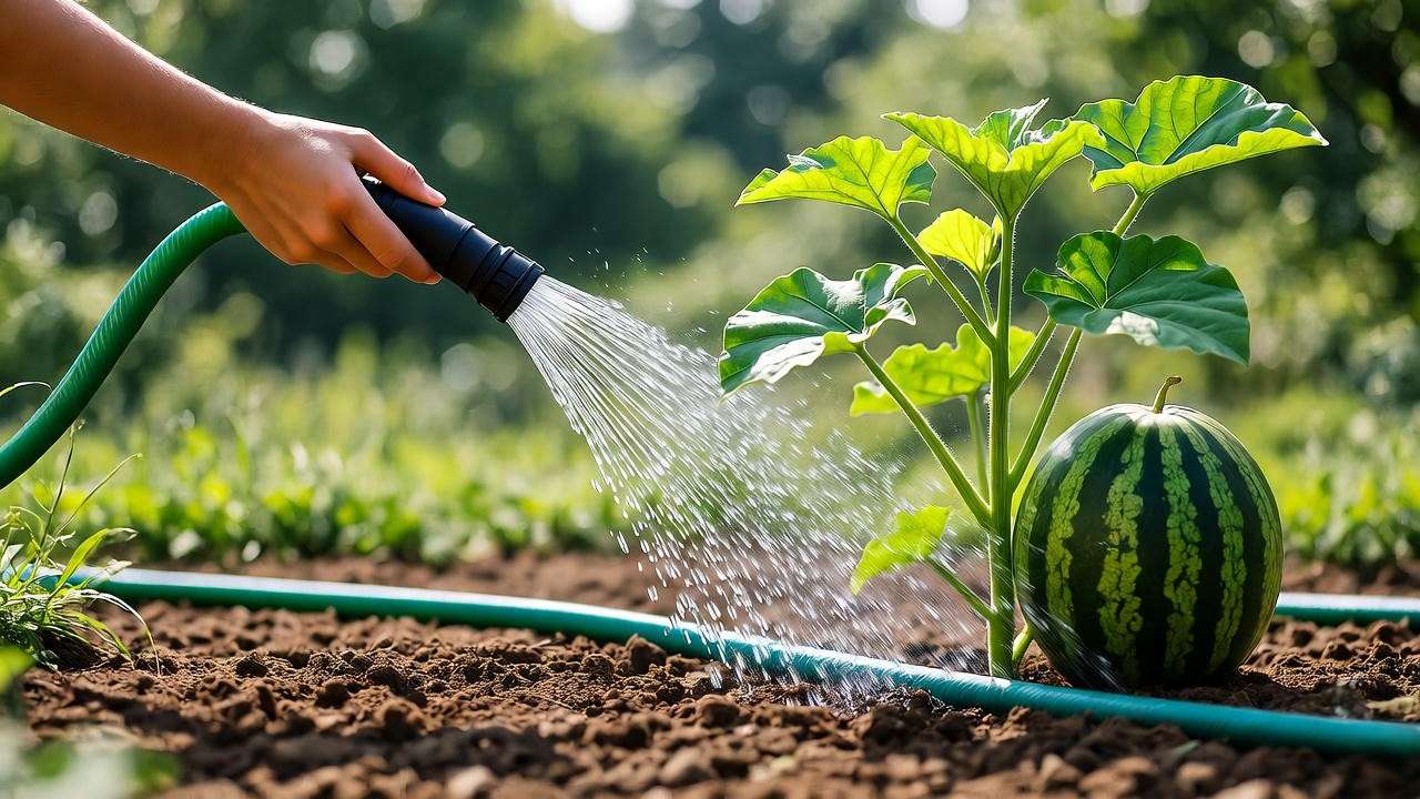 "Gardener watering watermelon plant with soaker hose for healthy leaves"