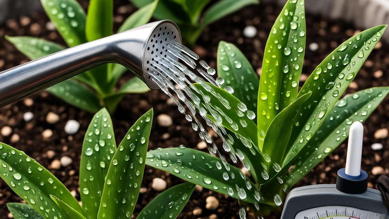 Flax lily plant being watered with a can, moisture meter in healthy soil and