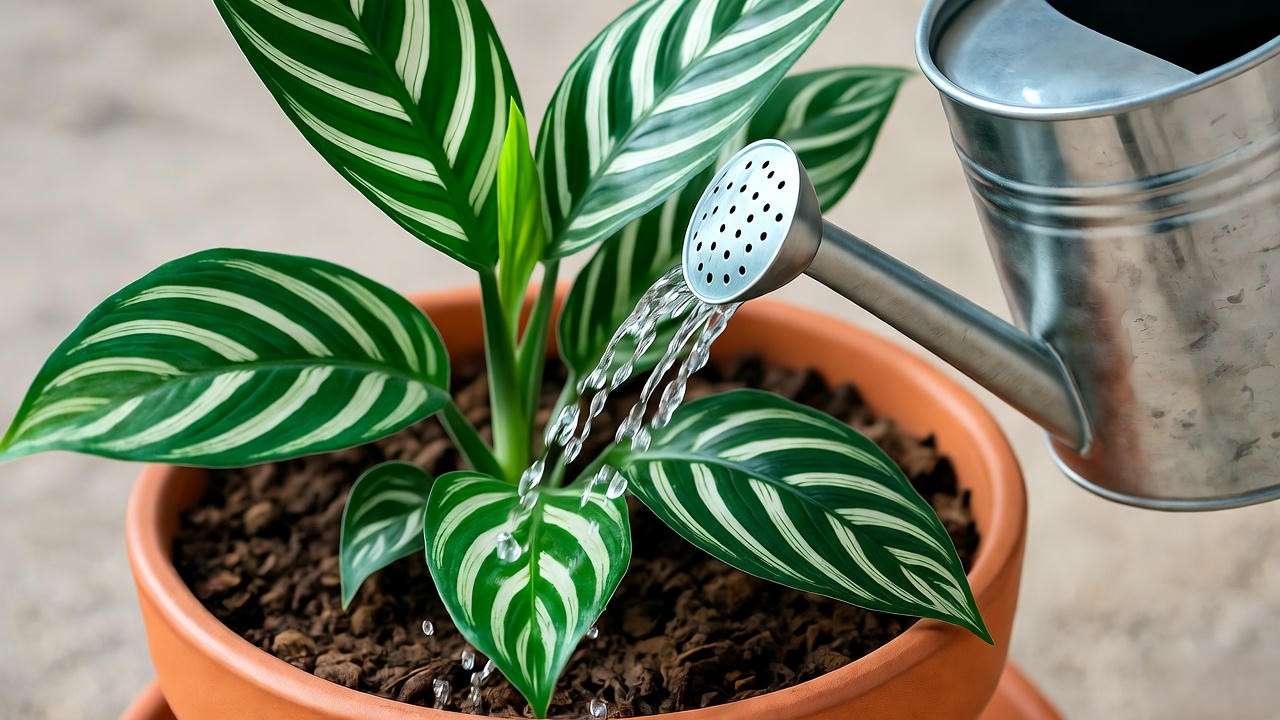 Zebra plant being watered with a can in a pot with drainage holes."