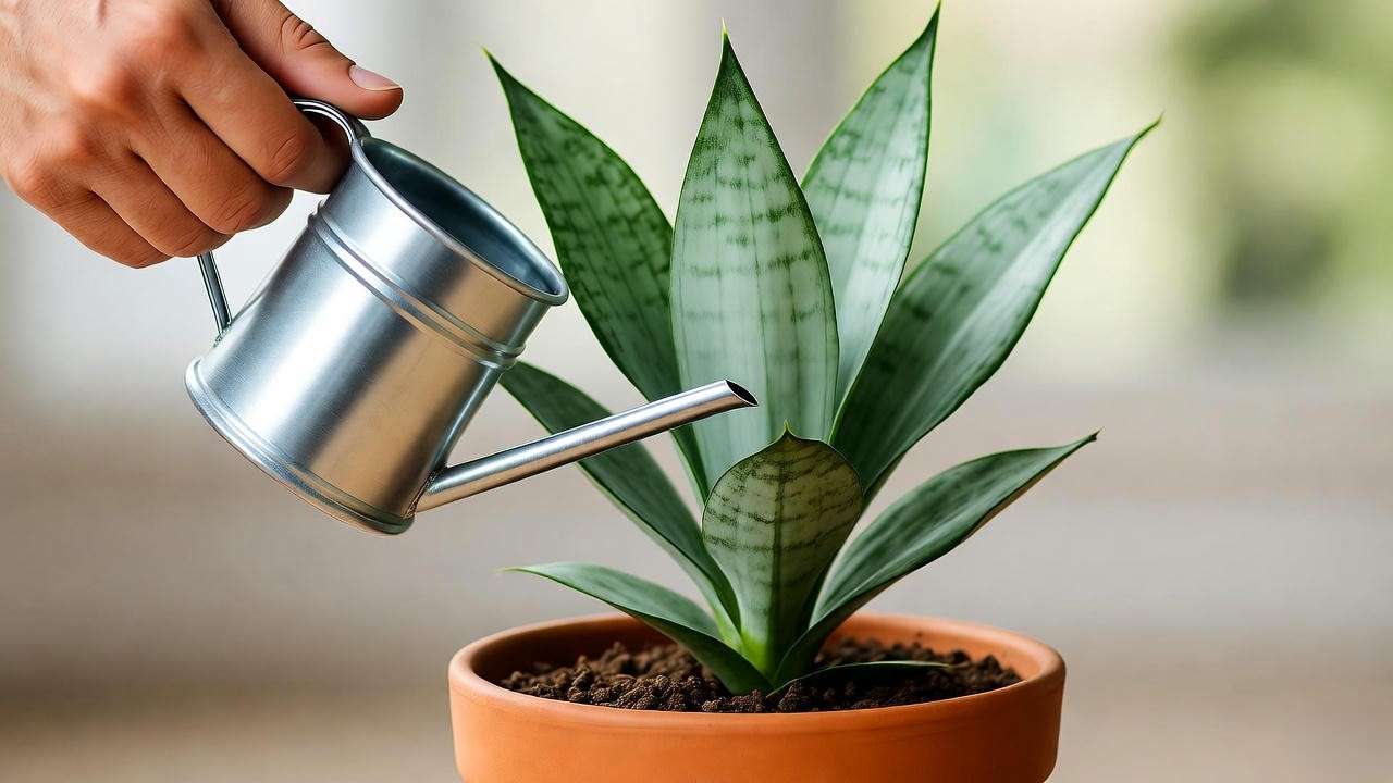 "Hand watering a Moonshine Snake Plant with dry soil in a terracotta pot in a bright room."