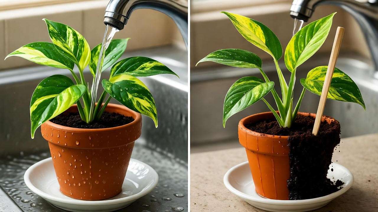 Calico kitten plant soak and dry watering method with moisture check using chopstick