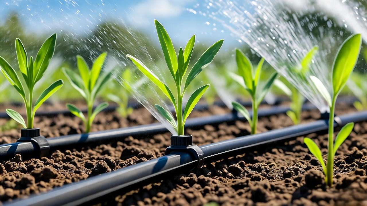 Drip irrigation watering young sesame seed plants in a garden bed under a sunny sky, ensuring moist soil.
