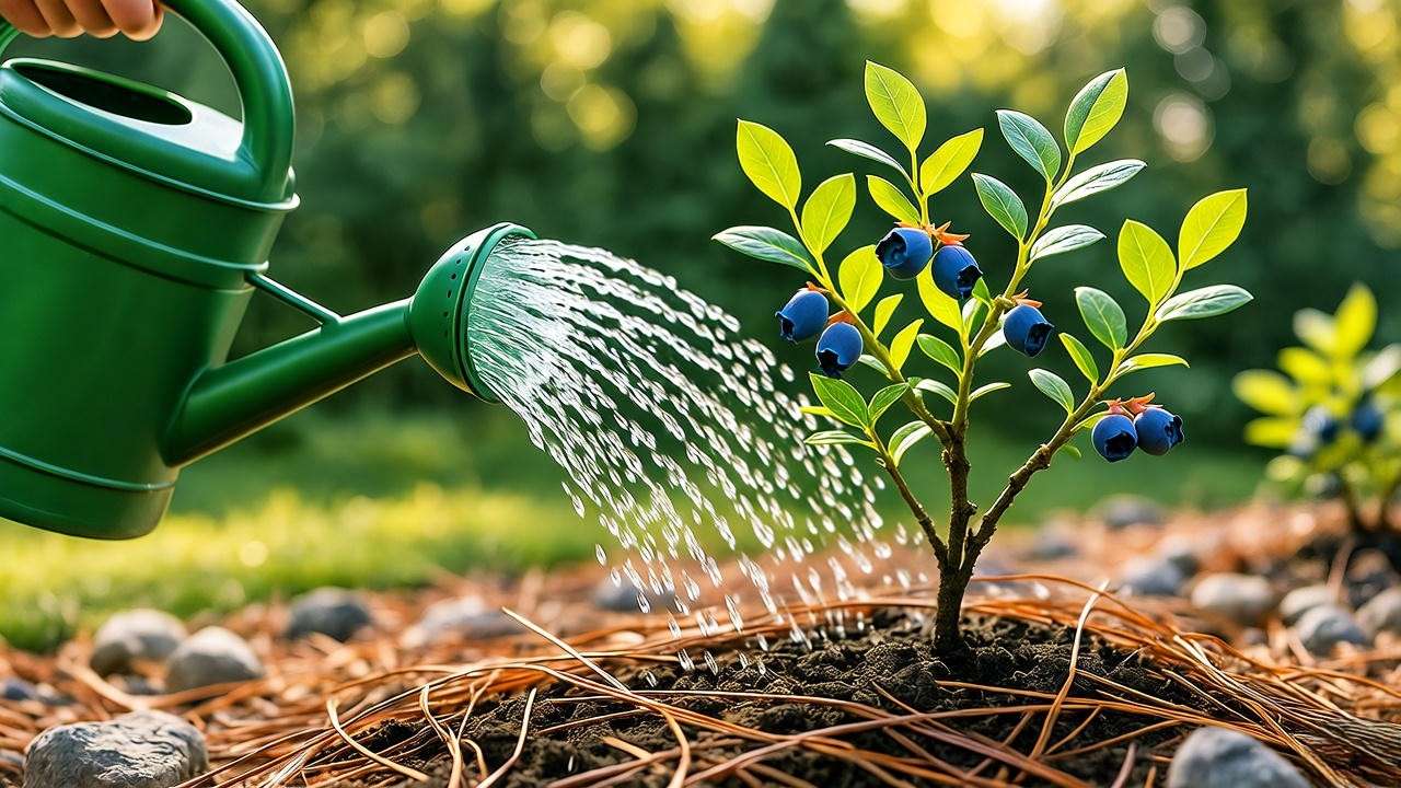 Watering a Blueberry Sunshine Blue plant with pine needle mulch in a sunny garden bed."