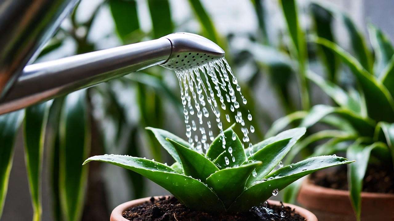 Watering a healthy Maki Podocarpus plant with a watering can in a bright indoor setting."