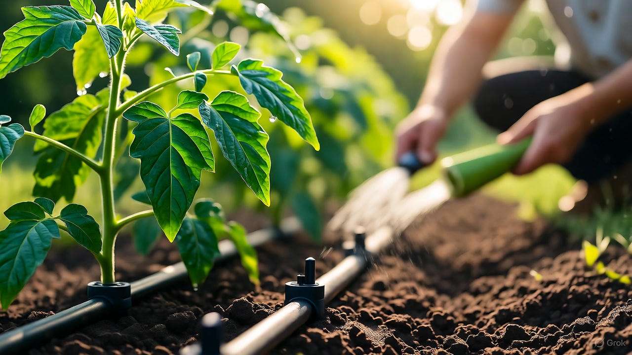 Drip irrigation watering pineapple tomato plants with a gardener applying organic fertilizer."