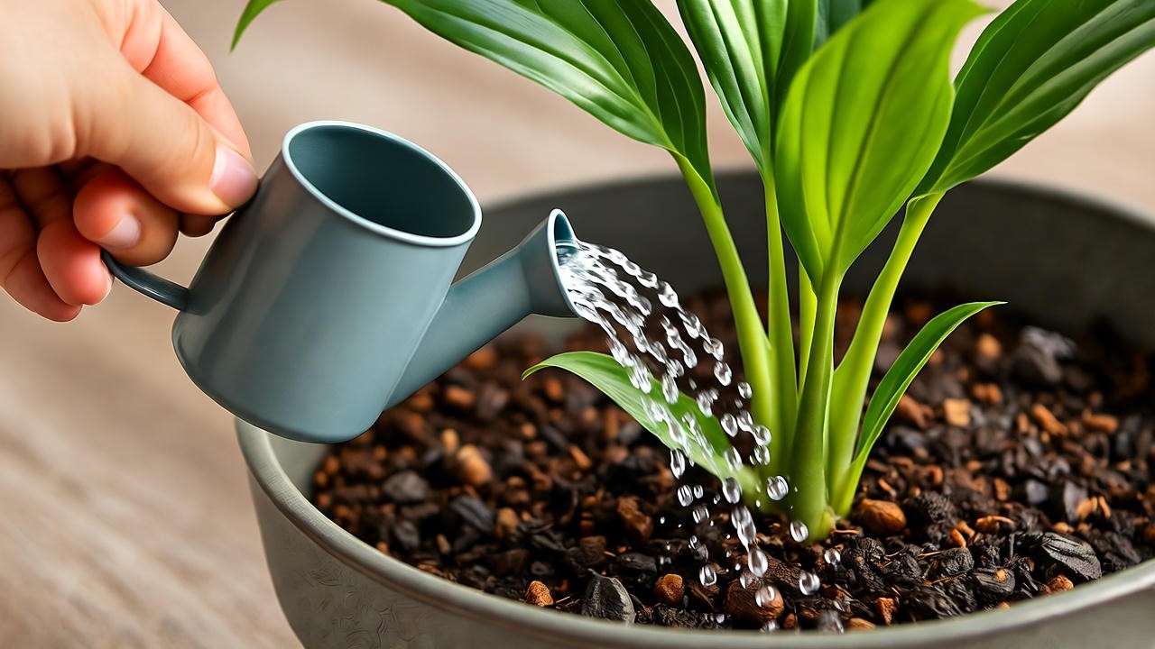 Hand watering a pleomele plant with well-draining soil