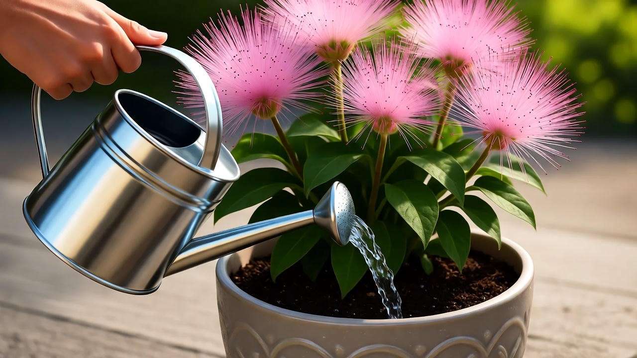 Watering a potted Calliandra powder puff plant with pink blooms on a sunny patio