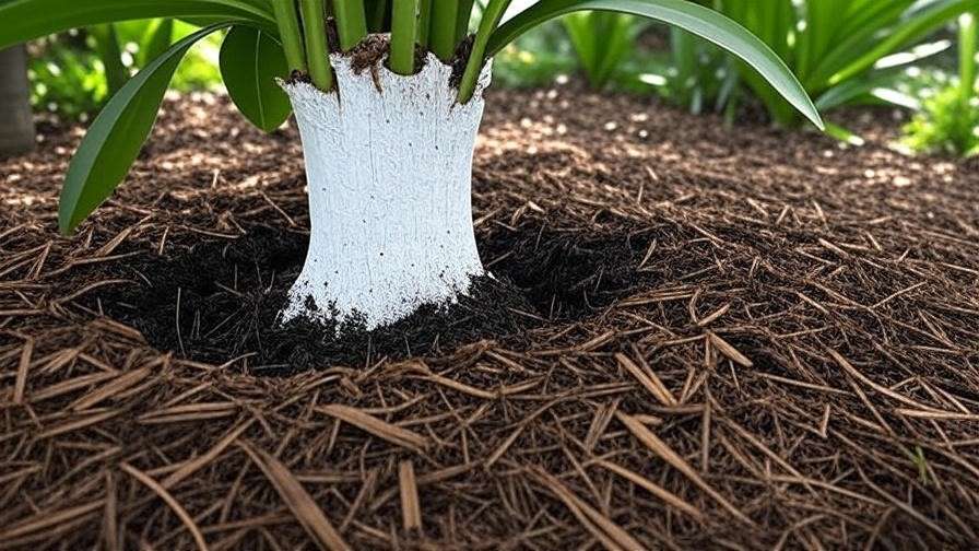 White sapote tree base with mulch and watering can in a tropical garden."