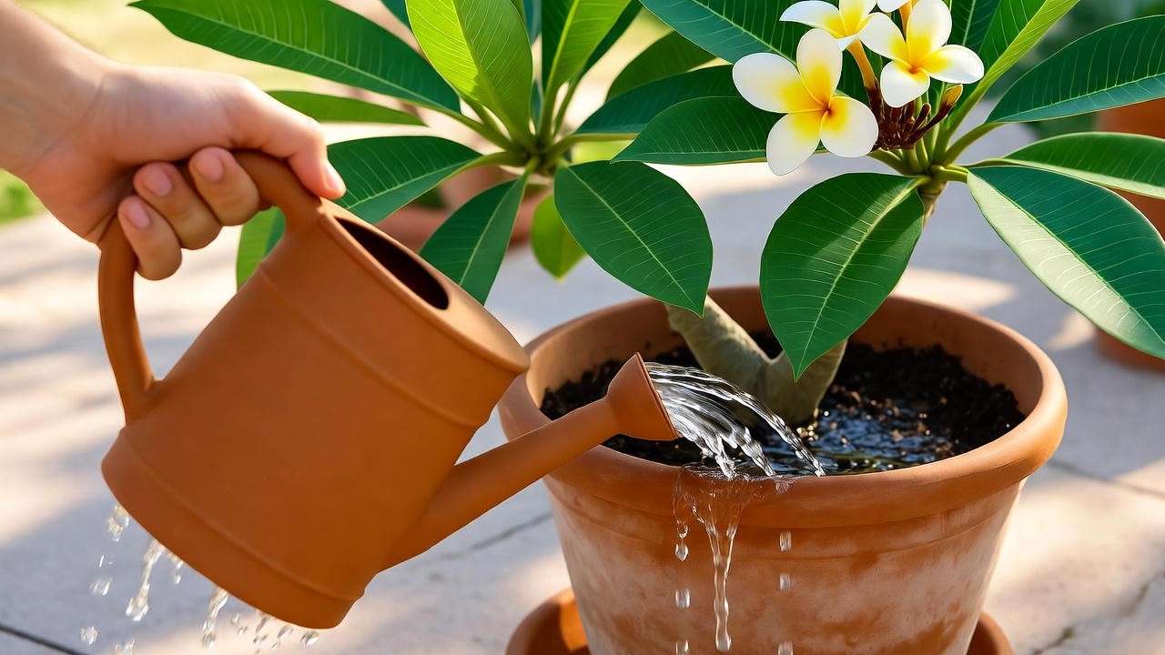 Correct watering technique for yellow plumeria plant showing proper drainage and dry top soil
