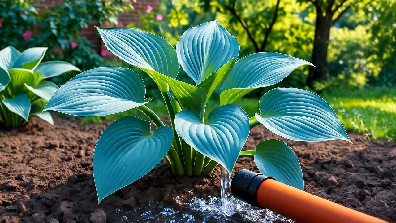 Big Daddy hosta plant being watered with soaker hose in shaded garden"
