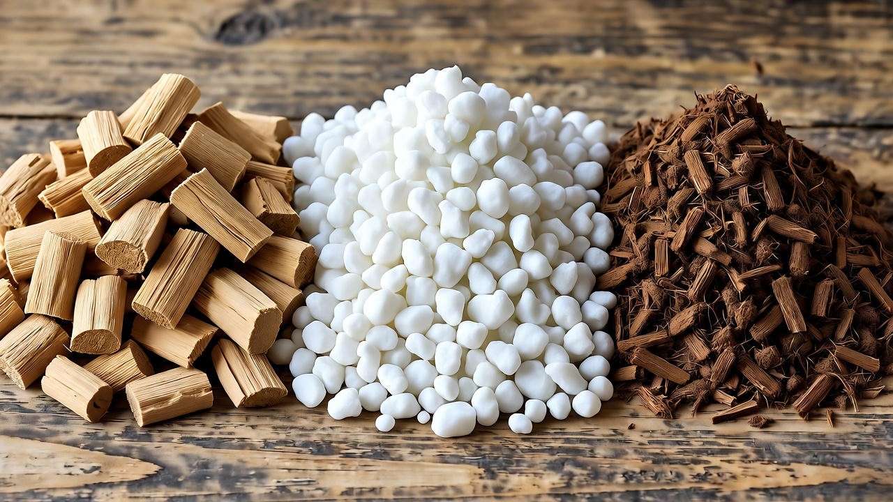 Ingredients for the ultimate chunky Aroid soil mix: orchid bark, perlite, and coco coir, essential for healthy Stingray Plant care and root rot prevention.