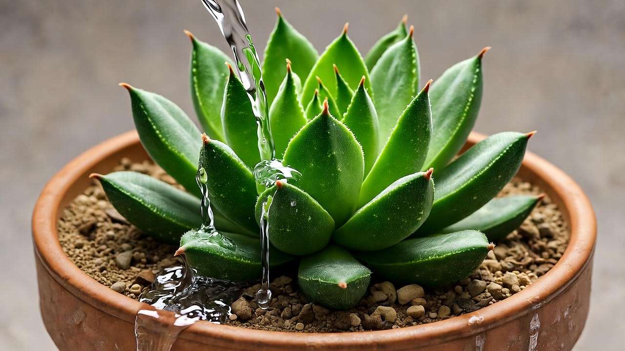 Furfuracea plant in terracotta pot with water draining from well-draining soil.