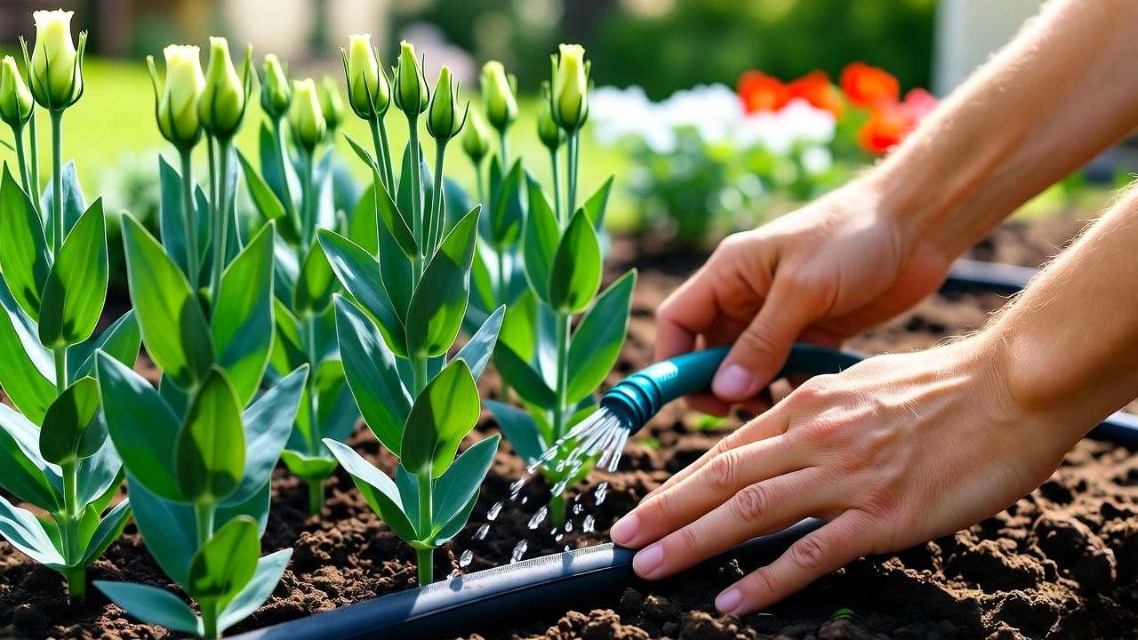 "Gardener watering lisianthus plants with drip irrigation in a sunny garden."