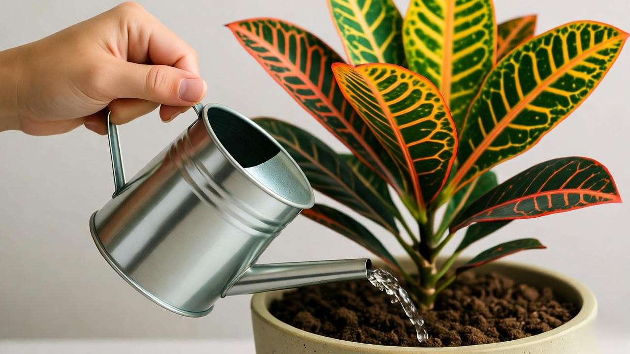 Watering a Croton Petra plant with a well-draining pot, showcasing proper houseplant care technique.