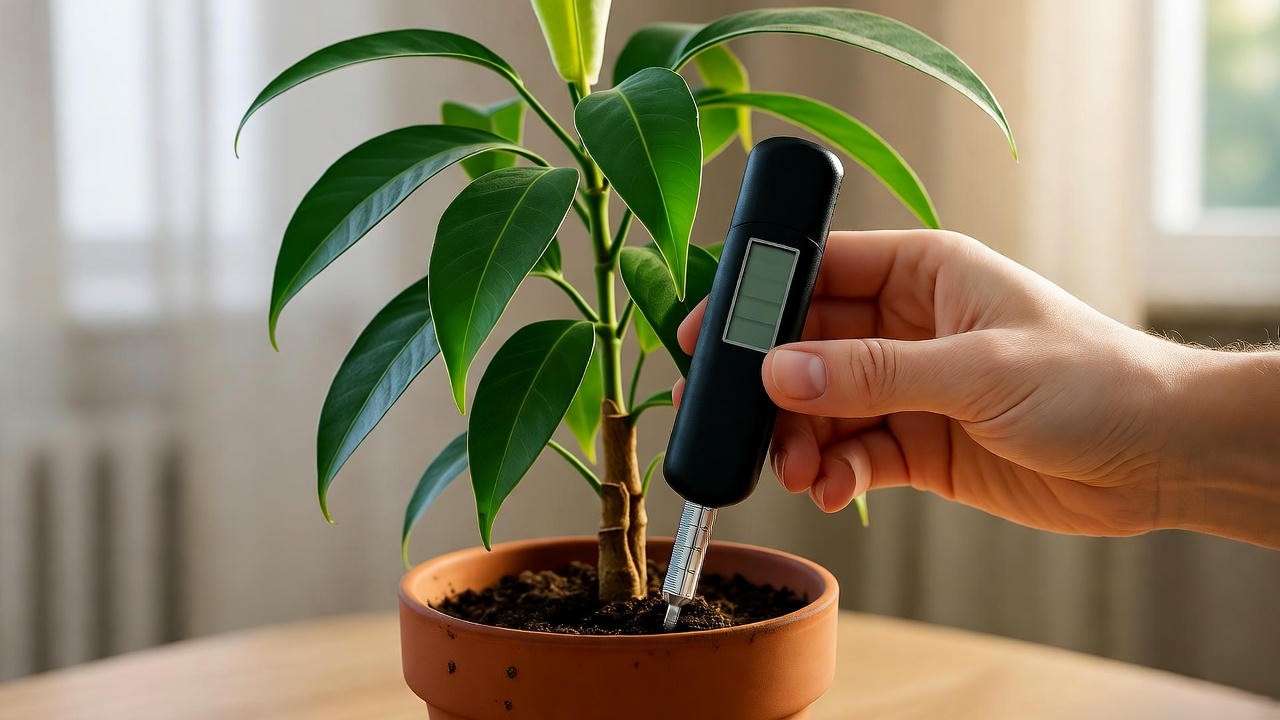 Hand using a moisture meter to check soil moisture of a ficus alii plant in a draining pot"