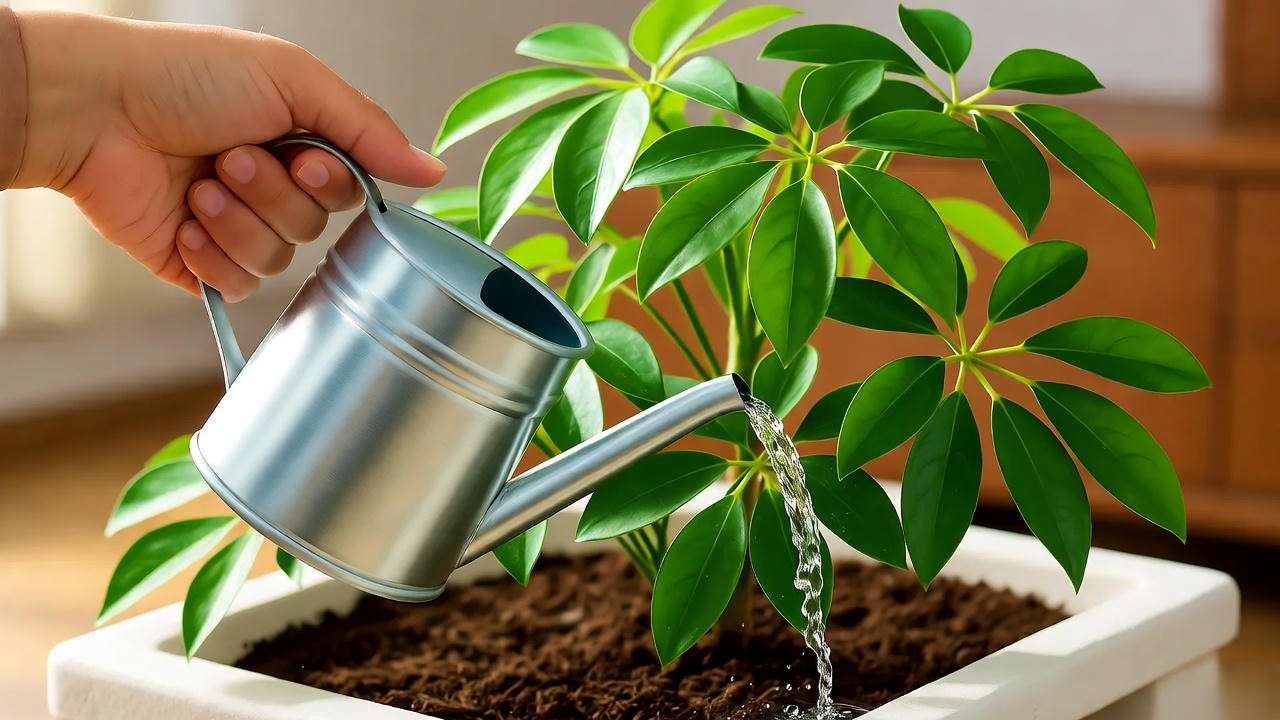 Hand watering a Schefflera plant with a watering can and drainage tray indoors."