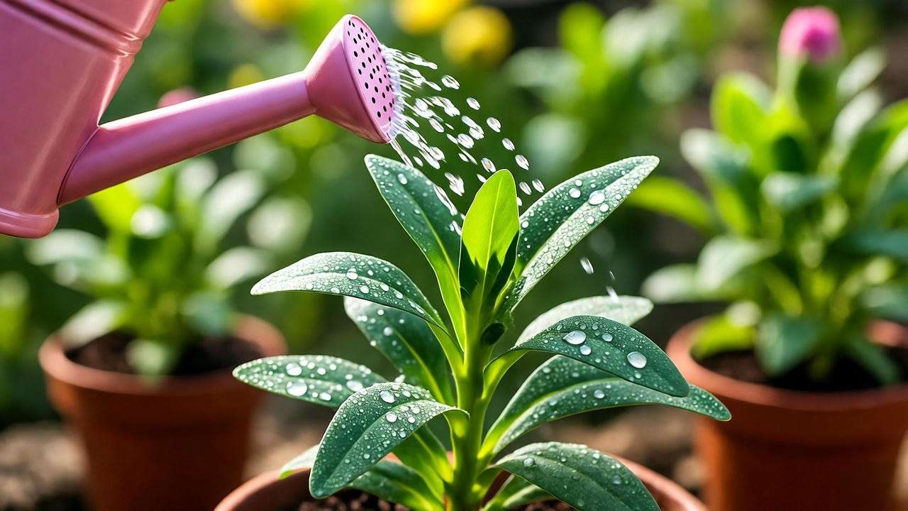 Close-up of a carnation seedling being watered with a fine-rose can in a bright garden."