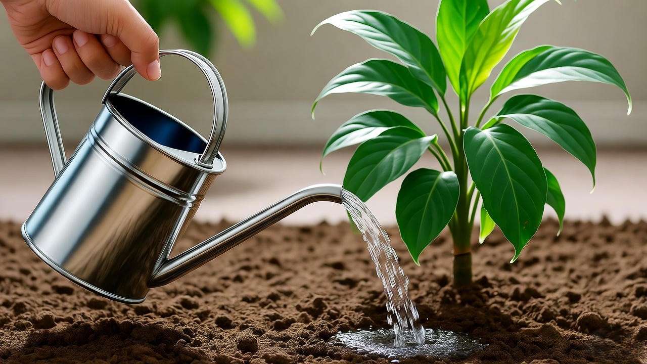 Hand watering a Japa plant with a can, showing moist soil.