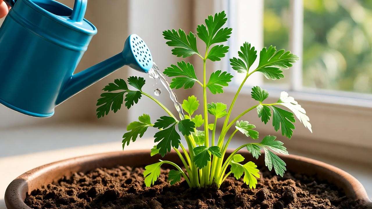 Watering a lush methi plant with a small can on a windowsill".