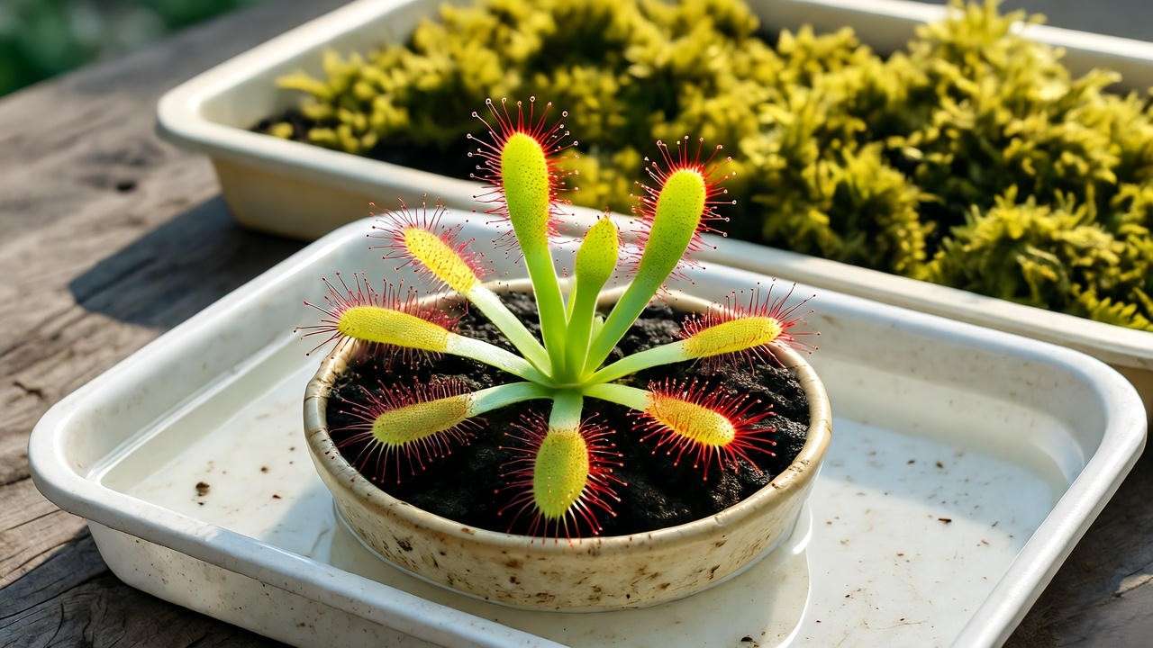 Sundew plant in a tray watering setup with distilled water and humidity tray."