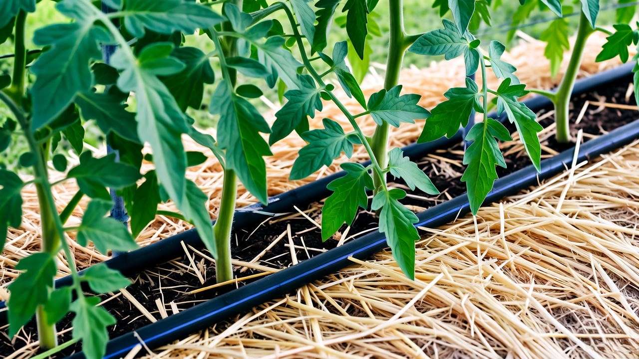 "Heatmaster tomato plants with straw mulch and drip irrigation in a hot climate garden"