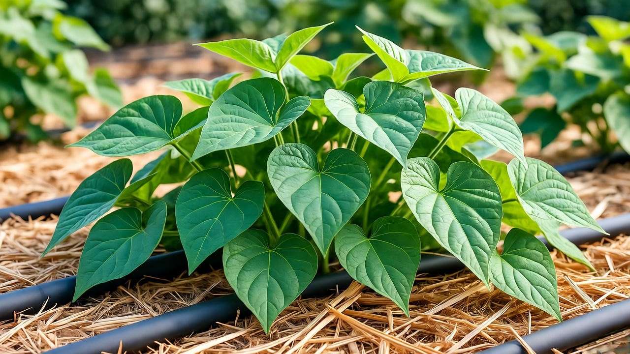 Thriving sweet potato plant with straw mulch and drip irrigation in sunny garden".