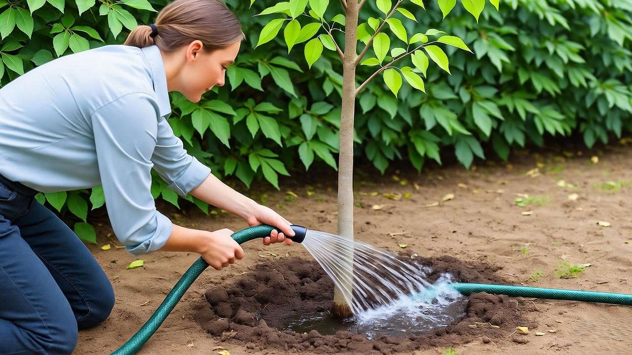 Gardener using a soaker hose to water a young tree for deep root growth"