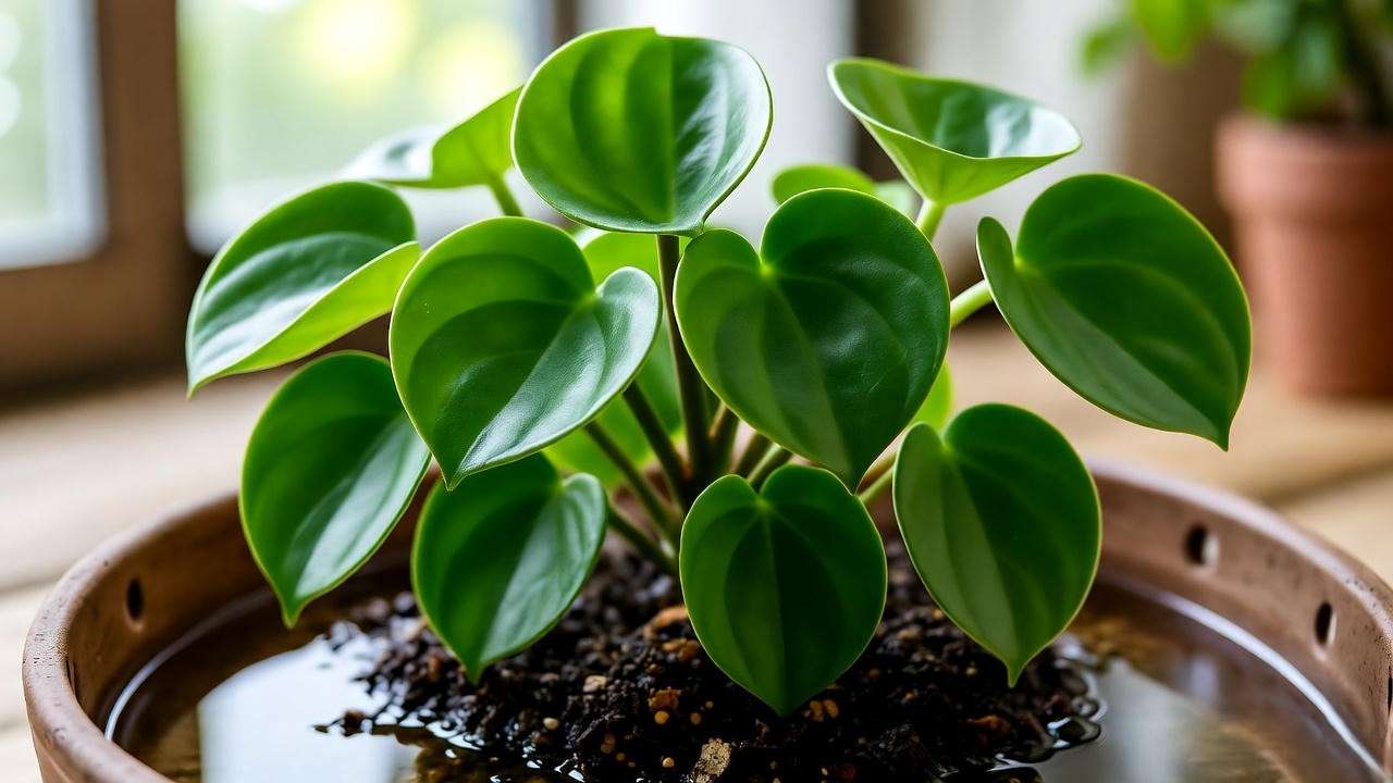 Happy bean plant being watered using the bottom watering method with a tray and healthy green leaves.