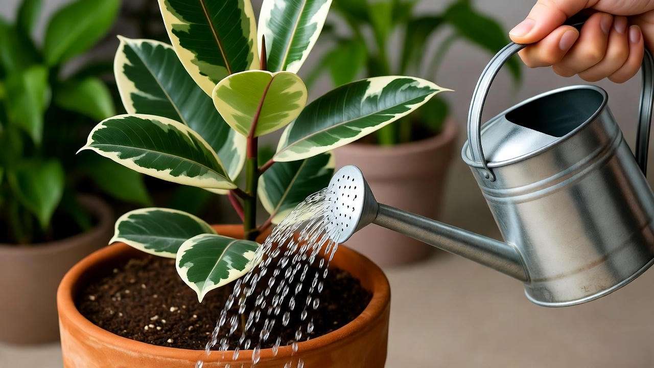 Hand watering a variegated rubber plant with a can in a lush indoor garden setting."
