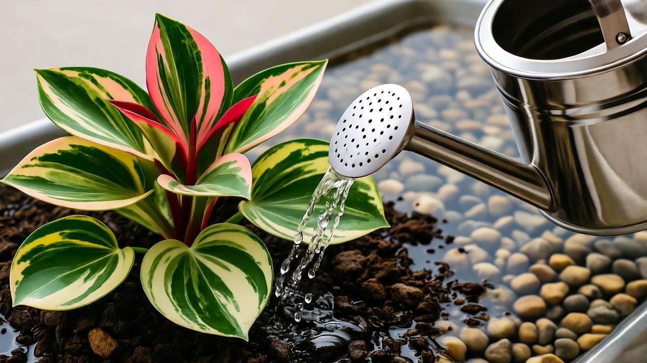 Ring of Fire plant being watered with a small can and pebble tray in background."