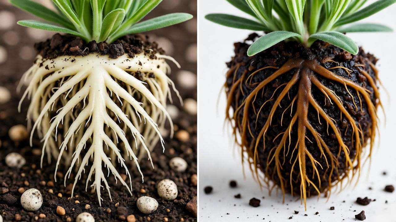 healthy lavender roots vs root rot in waterlogged compost