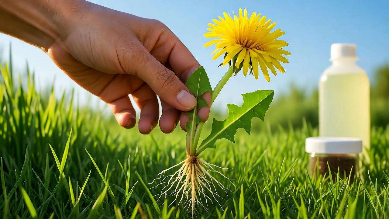 Gardener pulling weeds from lush grass plants in a vibrant lawn, using natural pest control methods.