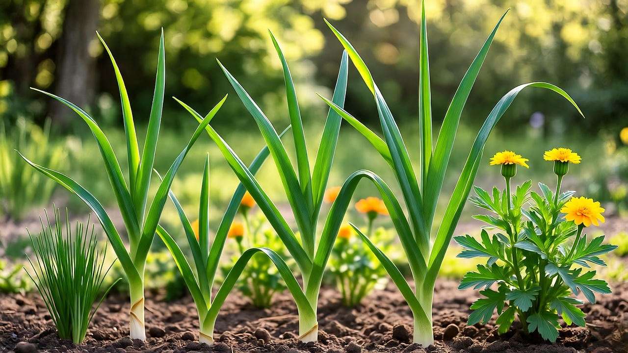 "Garlic plants with marigolds and chives as companion plants in a spring garden bed".