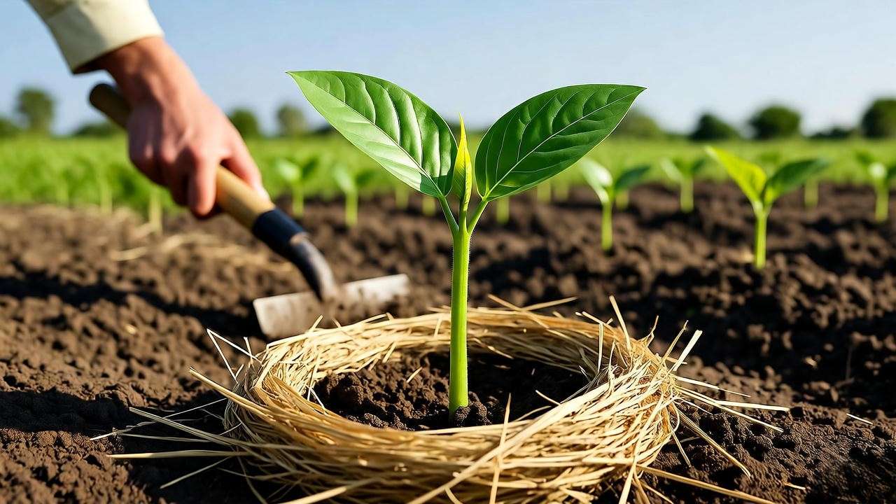 Gingelly plant seedling with organic mulch and hand weeding in a fertile field.