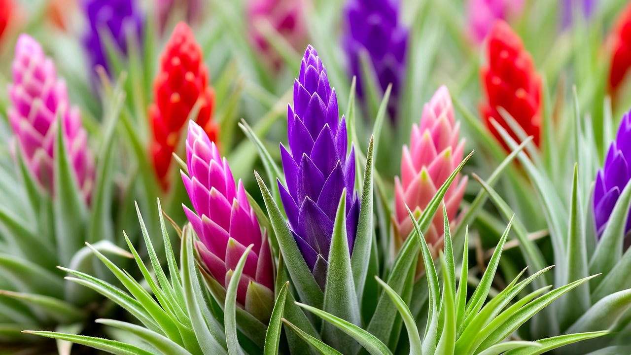 Vibrant air plant flowers in bloom with green Tillandsia leaves in a tropical setting."