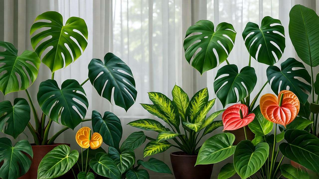 "Lush aroid plants including Monstera, Philodendron, and Anthurium thriving indoors."