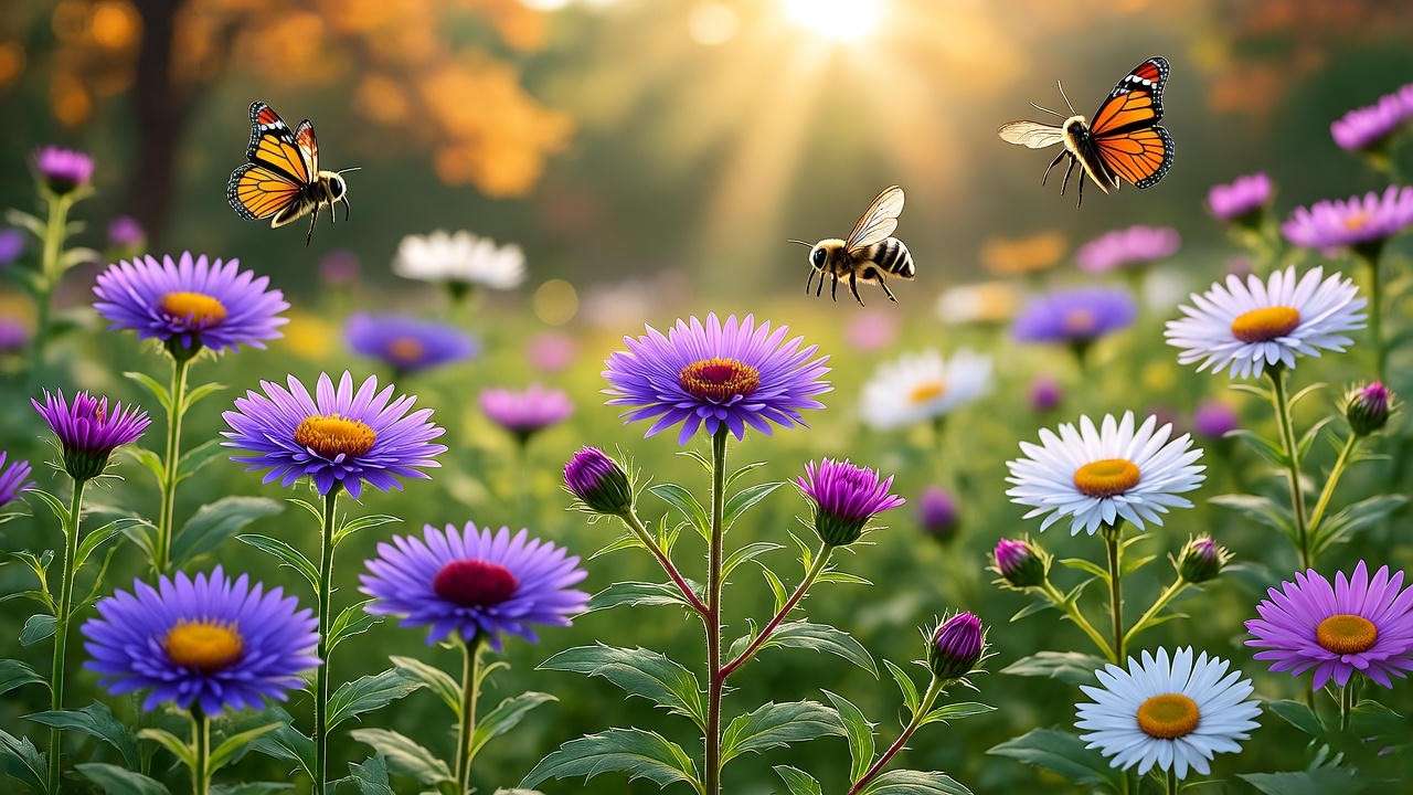 Vibrant aster plants with purple and pink blooms in a fall garden attracting butterflies and bees".