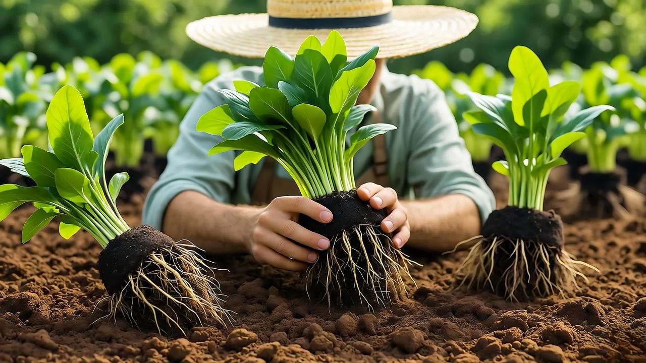 Close-up of healthy bare root plants with exposed roots in rich soil, gardener inspecting in nursery"