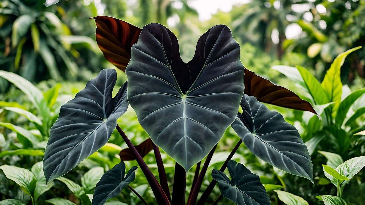 Close-up of a thriving Alocasia Black Velvet black leaf plant in a tropical setting.